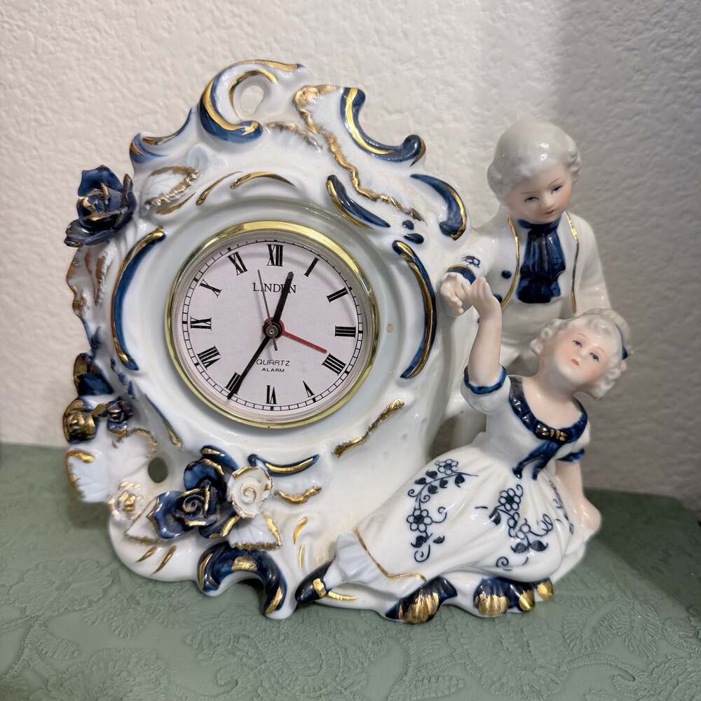 Linden Quartz Porcelain Figural Mantel Clock with Dancing Couple Works
